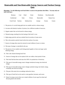 Renewable & Nonrenewable Energy Quiz (nuclear solar biomass) by Lesson