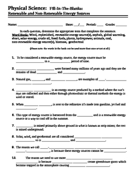 Preview of Renewable and Non-Renewable Energy Sources - Worksheet - Fill in the blank