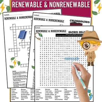 Preview of Renewable and Non-Renewable Resources Fun Worksheets , Word Search And Crossword