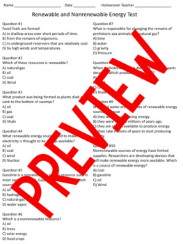 Renewable and Nonrenewable Energy Test, Study Guide, and Answer Key