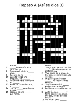 Repaso A Crossword Puzzle (Asi se dice 3) by Sarah Firaben TPT