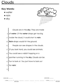 Preview of Repeated Reading Fluency Comprehension Timed Passage Cold Read - Clouds