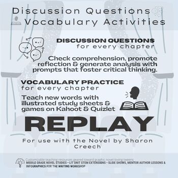 Preview of Replay | Sharon Creech | Discussion Questions | Vocabulary Activities (editable)