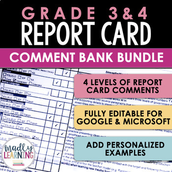 Preview of Report Card Comment Bank - Grade 3 & 4 Bundle | Ontario | Fully Editable