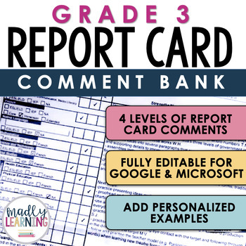 Preview of Report Card Comment Bank - Grade 3 | Ontario | Fully Editable