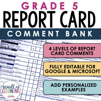 Preview of Report Card Comment Bank - Grade 5 | Ontario | Fully Editable