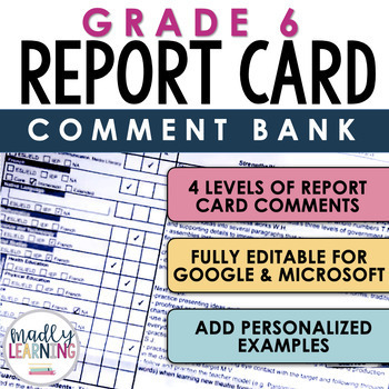 Preview of Report Card Comment Bank | Grade 6 | GOOGLE PRODUCT