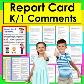 Preview of Report Card Comments Labels Kindergarten First Grade End of Year + Templates