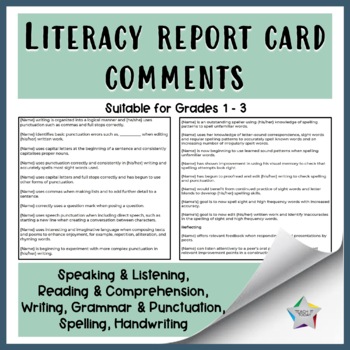 Preview of Report Card Comments - Reading Writing Speaking Listening