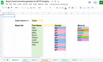 Preview of Report Card Comments generator for IB PYP students [Google Sheets]