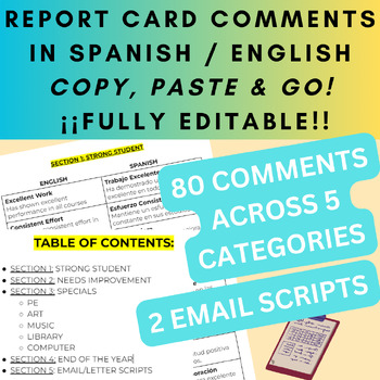 Preview of Report Card Comments in Spanish & English | ESL | Progress Reports | End of Year