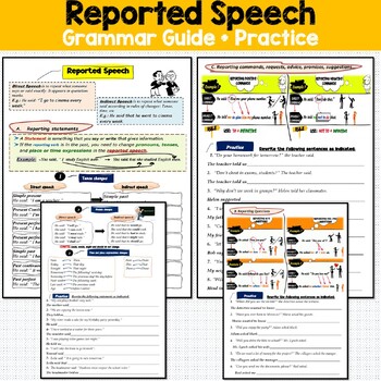 Preview of Reported / Indirect Speech Printable Grammar Guide and Practice Worksheets