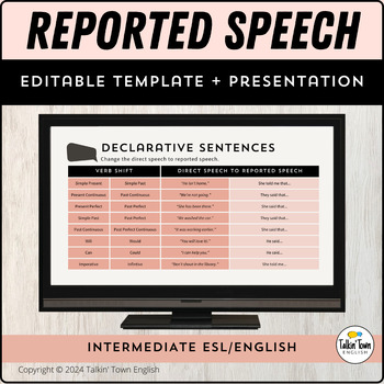 Preview of Reported Speech ESL Grammar Presentation Editable Template Link and Slides PDF