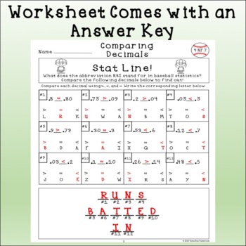 comparing decimals worksheet fourth grade baseball themed 4nf7