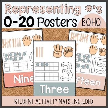 Preview of Representing Number 0-20 Posters & Activity Mats / Math Center Boho Themed