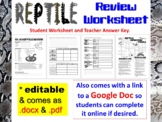 Reptile Review Worksheet for Biology & Zoology (Paper Copy