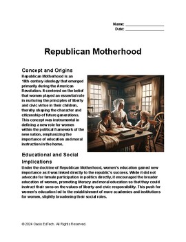 Preview of Republican Motherhood Printable Information (Info) Guide