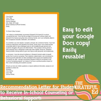 Preview of Request for school based counseling for student therapy recommendation letter