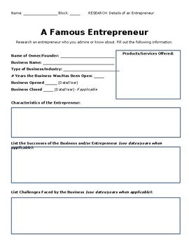 Preview of Research: A Famous Entrepreneur - Student Worksheet