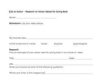 Preview of Research Page for Call to Action - Giving Back Lesson