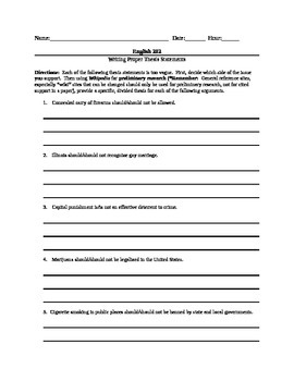 creating thesis statement worksheet