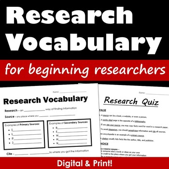 Preview of Middle School Research Vocabulary & Quiz - Printable & Digital
