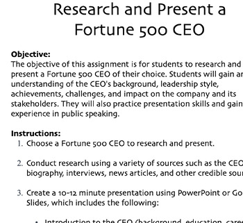 Preview of Research and Present a  Fortune 500 CEO