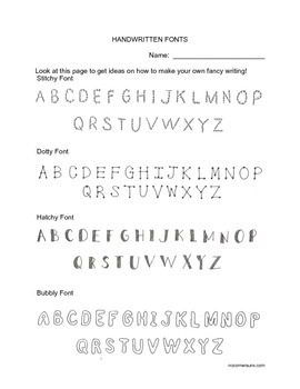 Preview of Resource: Handwritten Fonts.  Art class handout for writing fancy by hand.