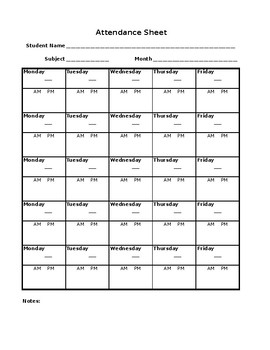 Preview of Resource Room Attendance Sheet
