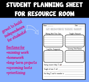 Preview of Resource Room Planning Sheet for Student!
