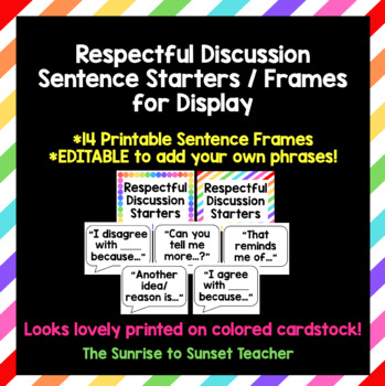 Preview of Respectful Discussion Sentence Starters / Sentence Frames, EDITABLE