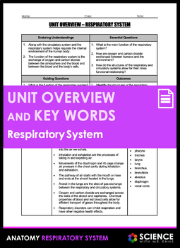 Preview of Respiratory System Anatomy Unit Overview and Vocabulary Key Words