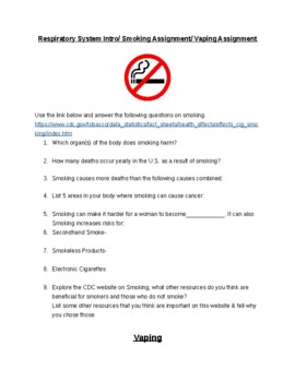 Preview of Respiratory System Intro/ Smoking & Vaping Assignment