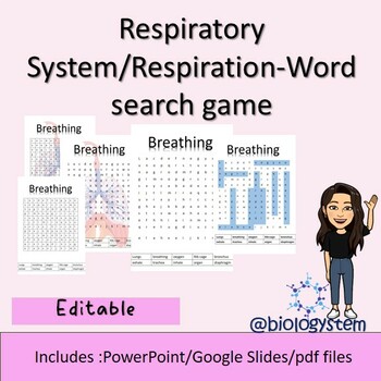 Preview of Respiratory system/Respiration-word search game