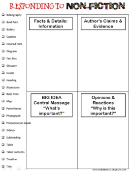 Preview of Responding to Nonfiction Graphic Organizer - Advanced