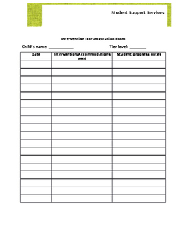 Preview of Response to Intervention (RTI) documentation form