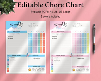 Preview of Editable-Printable Chore Chart for Kids, Daily & Weekly Checklist