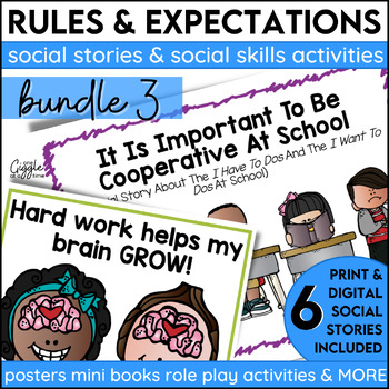 Preview of Social Stories Classroom Rules & Expectations Bundle 3 Activities Posters SEL 