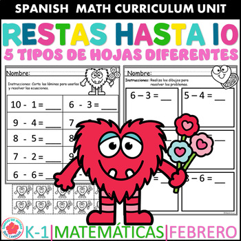 Preview of Resta hasta el 10 Día de la Amistad Valentine's Day Subtraction in Spanish