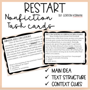 Preview of Restart by Gordon Korman | Nonfiction | Reading Center | Task Cards