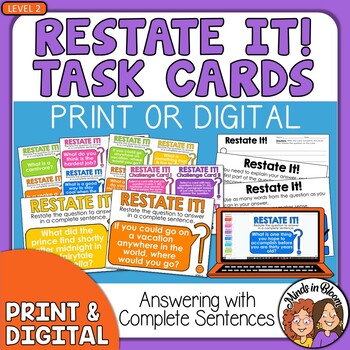 Preview of Restate the Question Task Cards Advanced Set for Grades 4-8 Questioning Skills