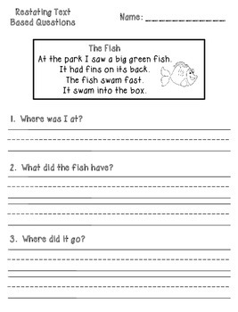 Text Based Comprehension Question Printables - Kindergarten/First Grade