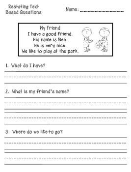 Text Based Comprehension Question Printables - Kindergarten/First Grade