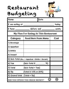 Restaurant Budgeting Math Problem Solving Worksheet By Teachers In Love