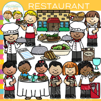 Preview of Restaurant Workers and Dining Kids Restaurant Theme Clip Art w/ Dinner Foods