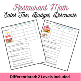 Restaurant Math: Percent- Sales tax, discount, budget practice