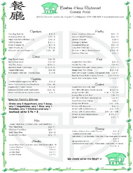 Preview of Restaurant Menu: Addition and Evaluation of Algebraic Expressions