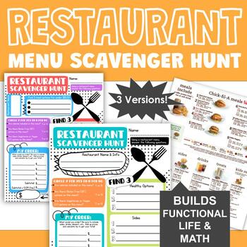 Preview of Restaurant Menu Scavenger Hunt - Life Skills & Money Math Activity