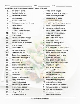 Restaurant Things and Activities Sentence Match Spanish Worksheet