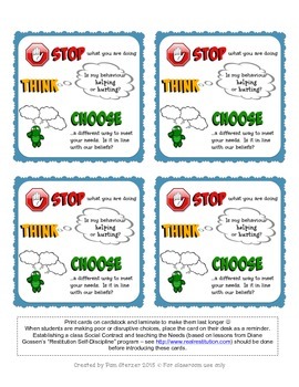 Preview of Restitution Self-Discipline "30 Second Intervention" "Stop, Think, Choose" cards
